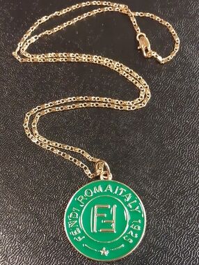 Fendi Green and Gold Enamel Logo Charm Pendant Necklace Rare